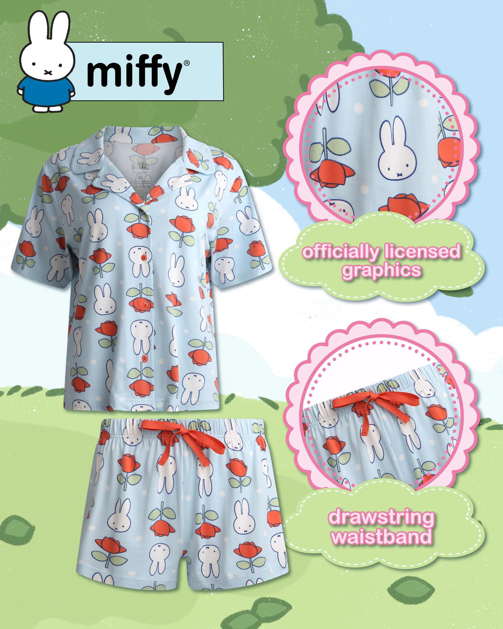 COCO BRANDS Miffy Womens Pajama Sets - 2 Piece Soft Button Down Sleep Shirt with Matching Pajama Pants or Pajama Shorts, Size Large, Miffy Flower Blue