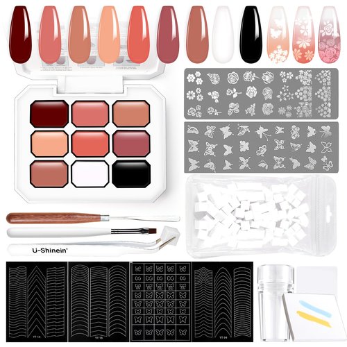 U-Shinein Gradient Gel Nail Set, 9 Nude Pink Color for Ombre White＆Black Nail Polish Platte Kit with 14* Nail Art Tools, Pigmented Pat Painting Gel French Manicure No-wipe DIY Art Home Salon