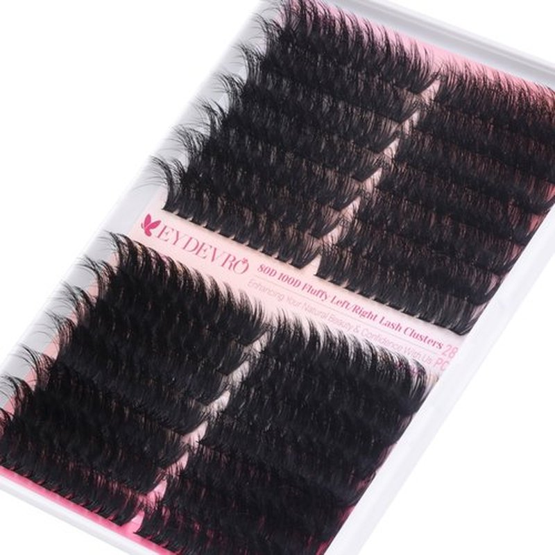 EYDEVRO Fluffy Lash Clusters Kit 80D100D Volume Lash Extension Kit 280 Pcs Left/Right Cluster Eyelash Extension Kit D Curl Thick Mega Lash Clusters with Waterproof Lash Bond and Seal and Lash Tweezers