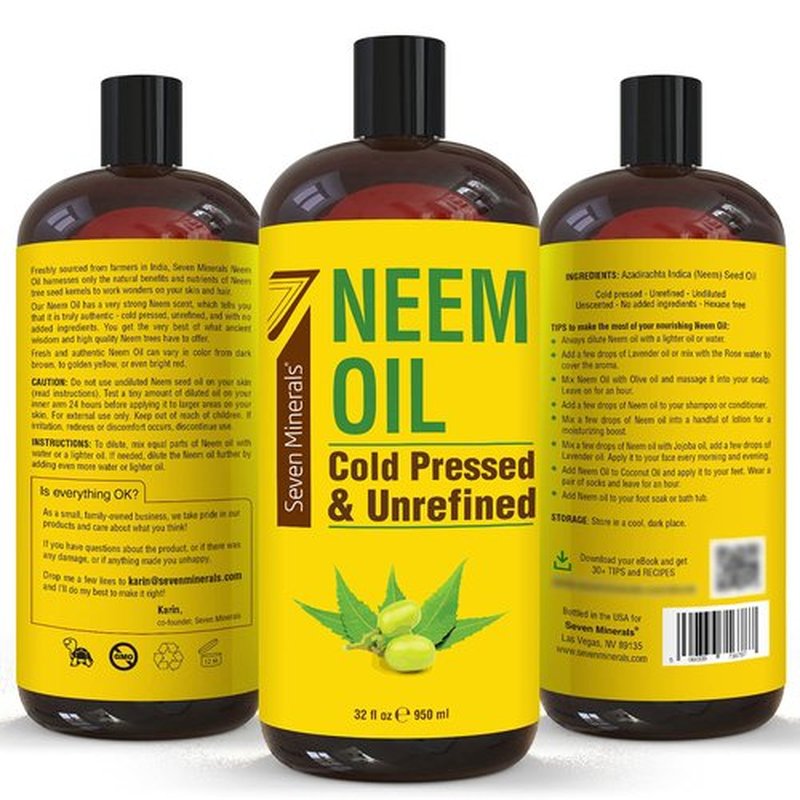 Seven Minerals Pure Cold Pressed Neem Oil - Big 32 fl oz Bottle - Non-GMO, Hexane Free, 100% Pure Neem Oil for Plants Spray, Skincare, & Haircare. Treats Dry Skin, Wrinkles, & Promotes Hair Growth