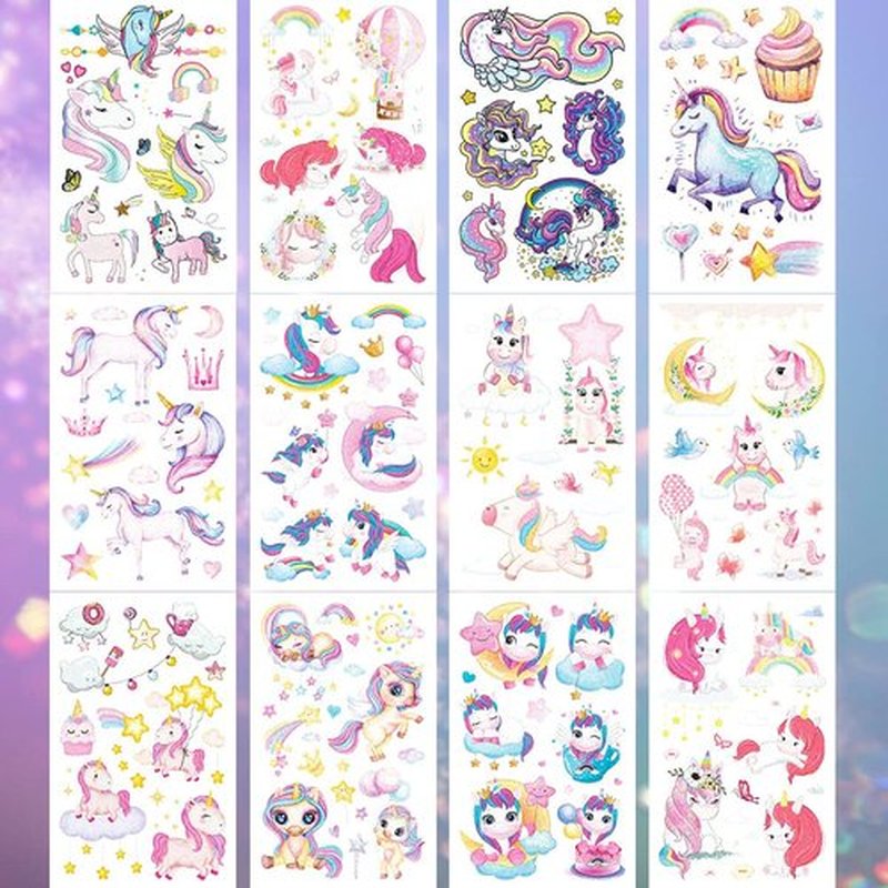 Fanoshon Glitter Temporary Tattoos for Kids Girls Birthday Party Favors Supplies, 12 Sheets Rainbow Children Face Decoration Stickers Easter Holiday Gift Halloween Goodie Bag Stuffers