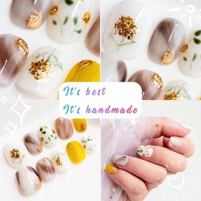 Sun&Beam Nails Handmade Press On Nail Short Round Hand-painted Golden Flowers Acrylic Fake Tip Design Art Charms Cute with Storage Box 10 Pcs (#005 S)