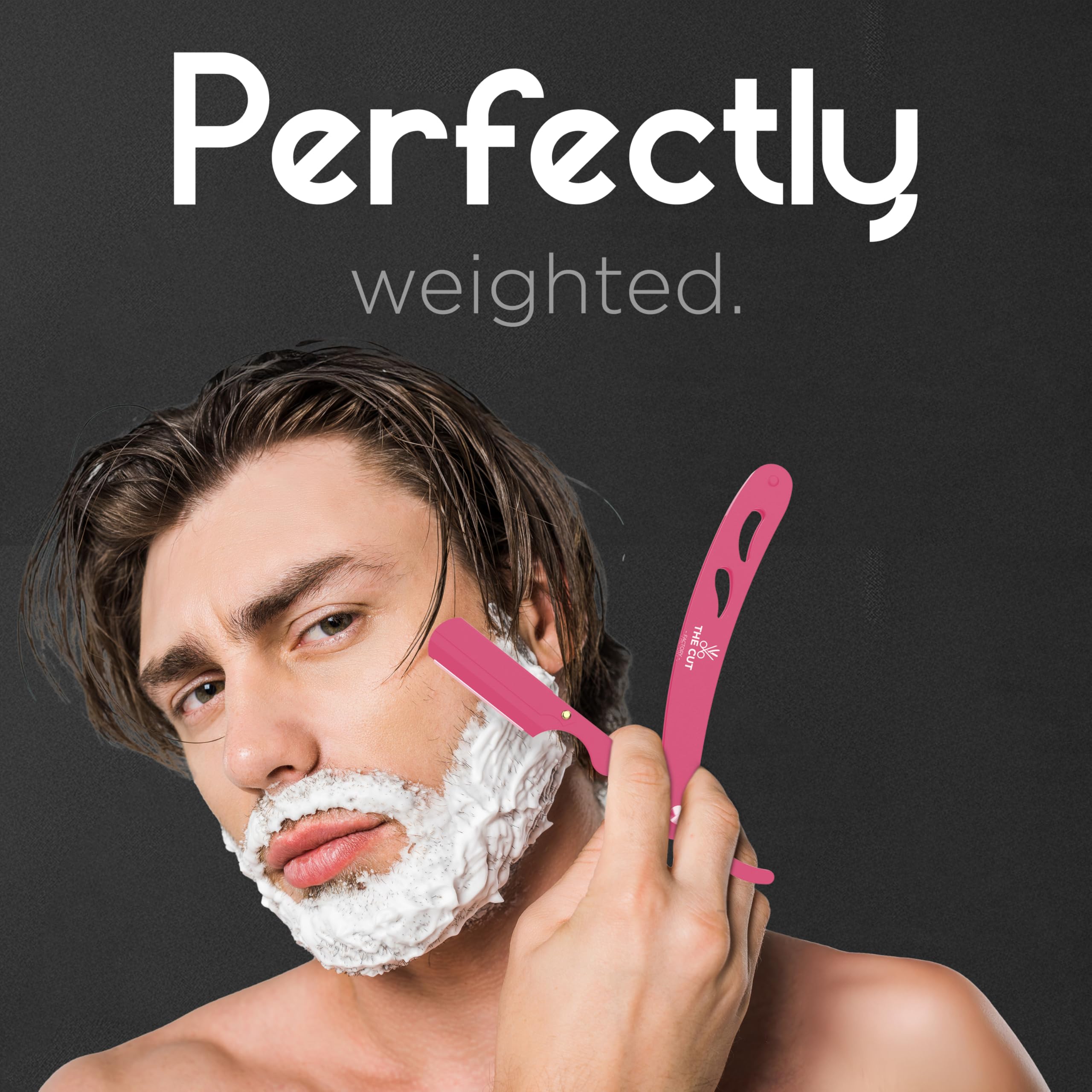 The Cut- Factory- Straight Razor with 20 Pack Platinum Treat Single Blade Razors for Men- Professional Barber Straight Edge Razor for Close Shaving 100 Percent Stainless Steel, Pink