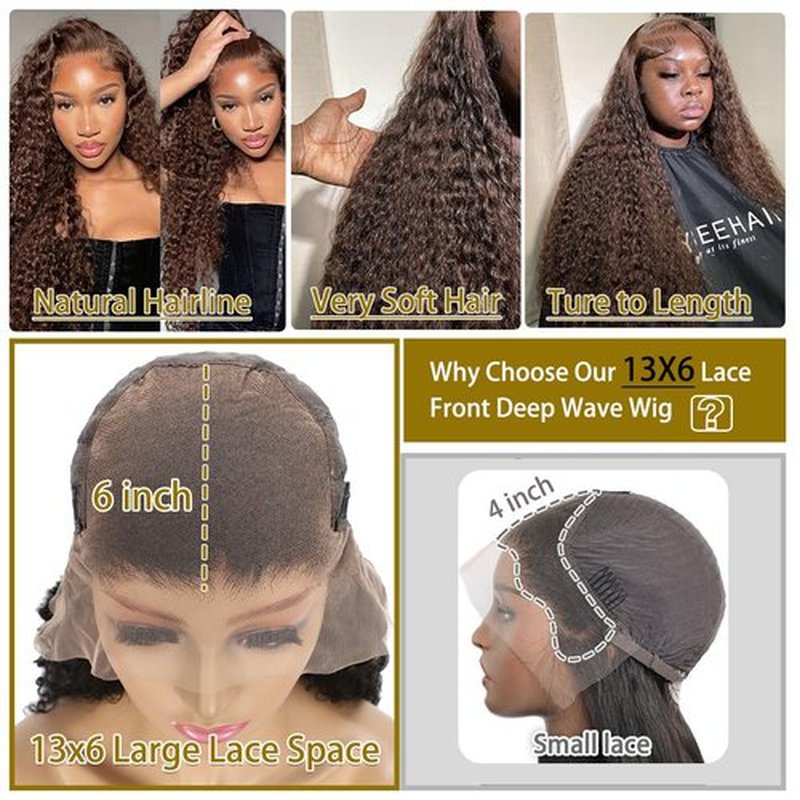 BIANFA 13x6 Deep Wave Lace Front Wigs Human Hair Chocolate Brown 220 Density HD Lace Front Wigs Human Hair Curly Wig Pre Plucked Human Hair Glueless Frontal Wigs (18inch)