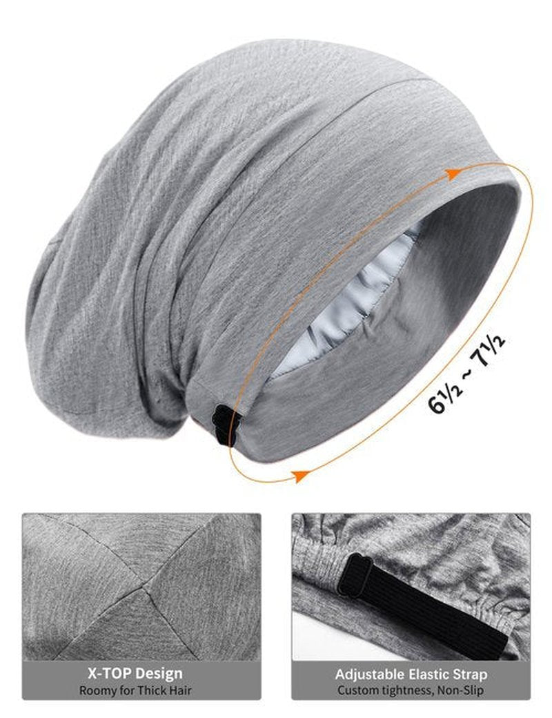 Satin Lined Bonnet for Sleeping Women Men - Adjustable Sleep Cap, Slouchy Beanie Hair Wrap for Curly Braid Locs, M Black,Gray
