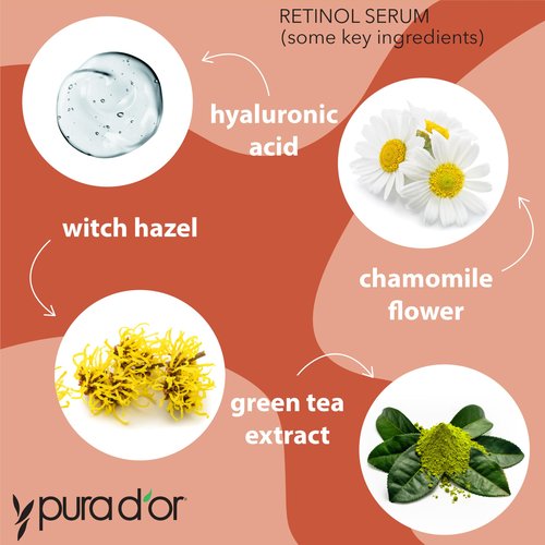 PURA D'OR Retinol Serum Nighttime Facial Skincare – 3.3 oz Overnight Treatment Featuring Aloe Vera Botanical Extracts, Lightweight Fast-Absorbing Hydration for Smoother-Looking Texture, Tone, Radiance