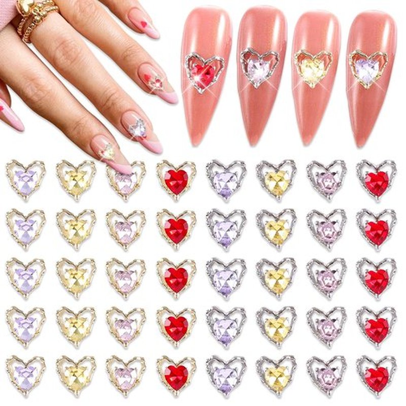 SILPECWEE 40pcs Heart Nail Rhinestones and Charms 3D Nail Charms for Valentine's Day Flat-Back Nail Crystals Glass Gems Diamond for Nails Alloy Nail Art Studs Nail Jewelry Decoration