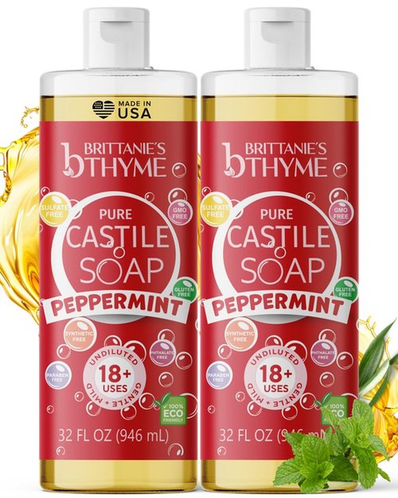 Brittanie's Pure Castile Liquid Soap Peppermint – 2 Pack (32oz Each) | Natural, Organic, Multi-Purpose Soap for Body, Face, Home & Pets | Vegan, Sulfate-Free, Made in USA