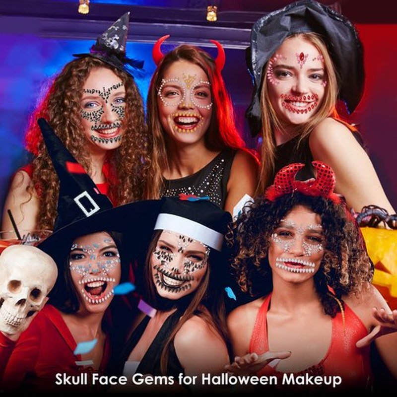 Erythem Skull Face Gems 6 Pack Day of the Dead Face Jewels Crystals Skeleton Face Gems for Halloween Festival Rave Party Makeup