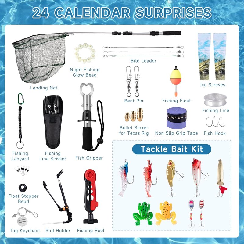 Fishing Advent Calendar - 24 Days of Christmas Surprises with Fishing Tool Kit & Tackle Lures