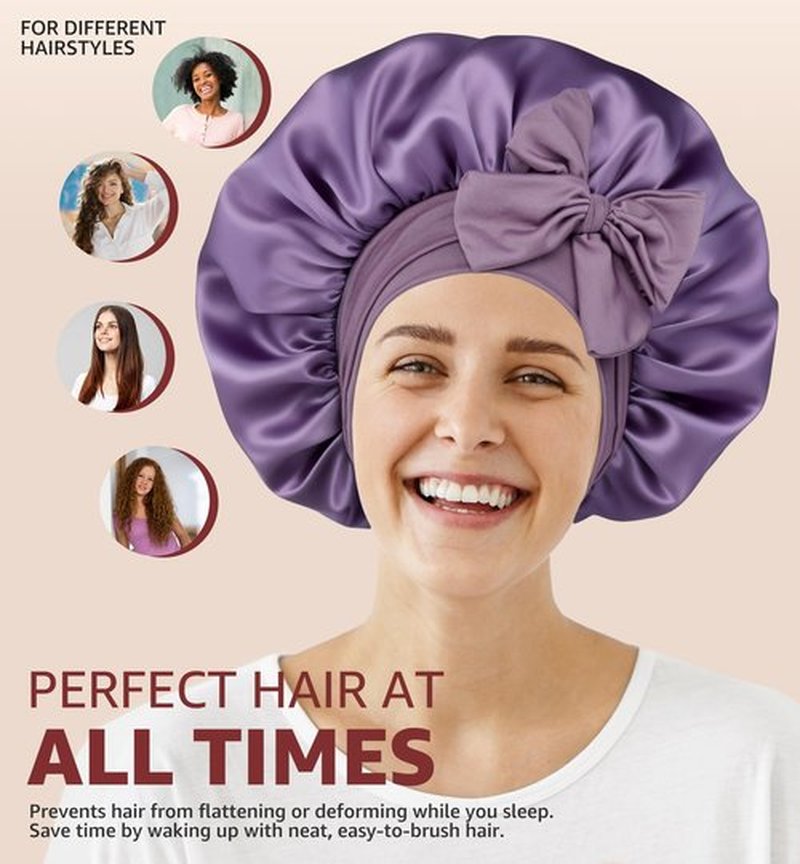 HiRui Silk Satin Bonnet for Sleeping Women, Double-Layer Sleep Cap Shower Cap with Adjustable Tie, Moisture Retaining Satin Lined Hair Bonnet for Curly and Natural Hair (Lavender, Medium)