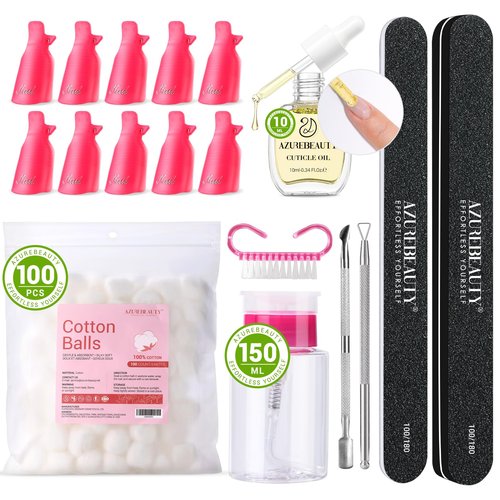 AZUREBEAUTY Nail Polish Gel Remover Tools Kit with Nail Clips, 150ml Remover Bottle, 10ml Cuticle Oil, 100 Nail Remover Cotton Balls, Cuticle Pusher Peeler Brush, 100/180 Nail File, Buffer Tools
