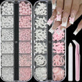 SEMATA Flatback Nail Art Pearls Charms Pink White Bow Nail Gems Mixed Size Nails Pearls Charms Moon Heart Nails Art Accessories Decoration Design for Women