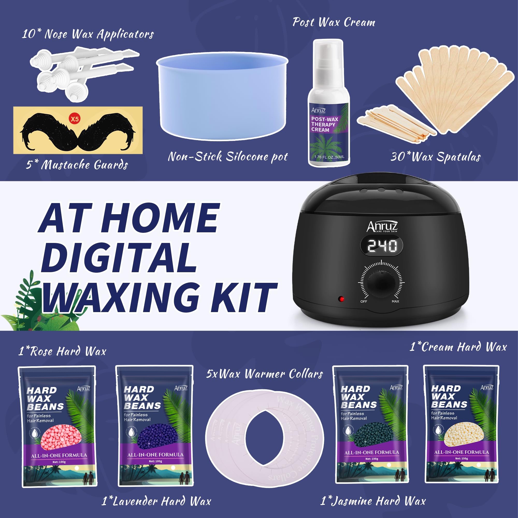 Waxing Kit- Anruz Women Men Wax Kit for Hair Removal - For Sensitive Skin, Eyebrows, Brazilian, Face, Bikini - Home Use Digital Wax Warmer with 5 Bags Hard Wax Beads (17.5 oz. total)