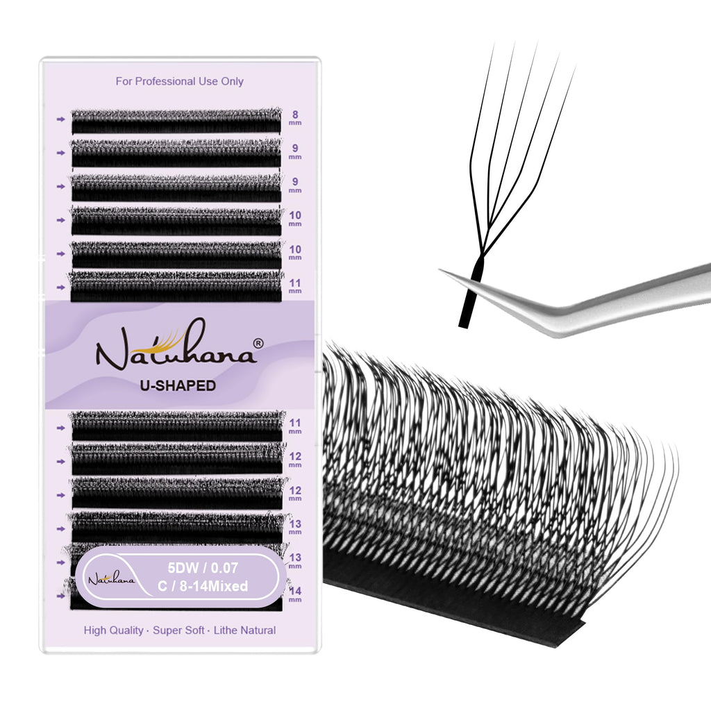 NATUHANA 5D U Lash Extensions 0.07 C Curl 8-14mm Mix Premade Fans Black