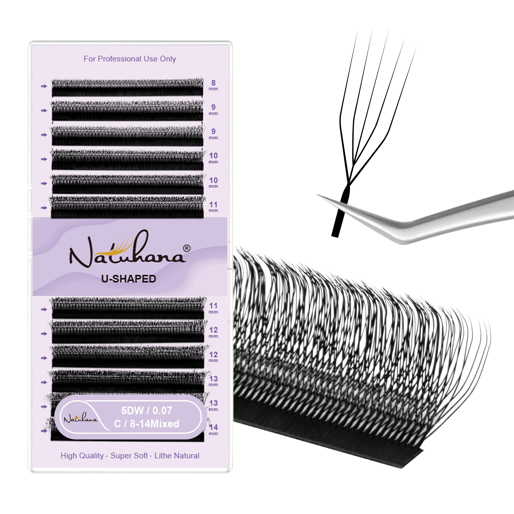NATUHANA 5D U Lash Extensions 0.07 C Curl 8-14mm Mix Premade Fans Black