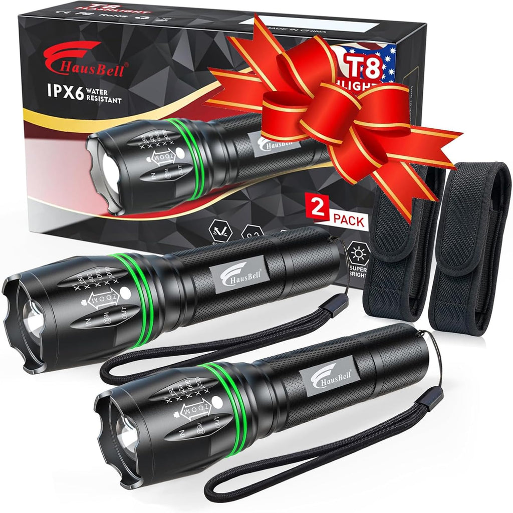 HAUSBELL T8 A100 2000 Lumen Flashlight 2 Pack with Glow-in-Dark Ring, Heavy-Duty Aluminum Tactical Flashlights High Lumens, 5 Modes Zoomable Waterproof LED for Emergency Camping Hiking Home Use