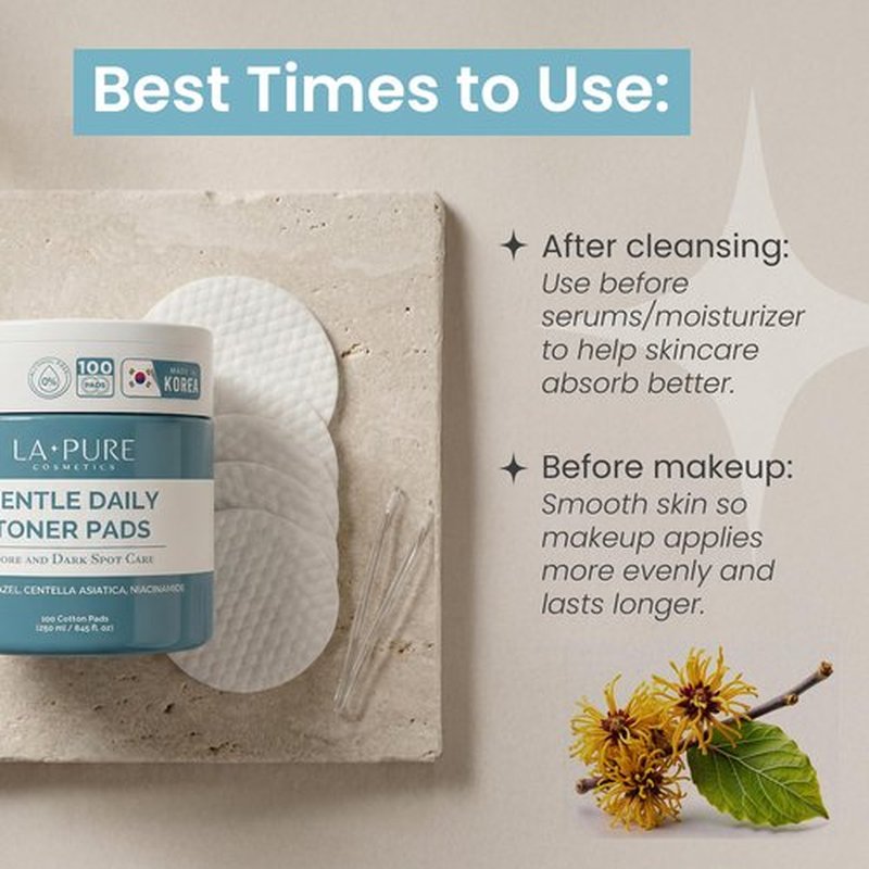 La Pure Korean Toner Pads, Large, 100 Ct, with Witch Hazel, Centella Asiatica & Niacinamide, Alcohol-Free, Gentle Exfoliating Pore & Dark Spot Care