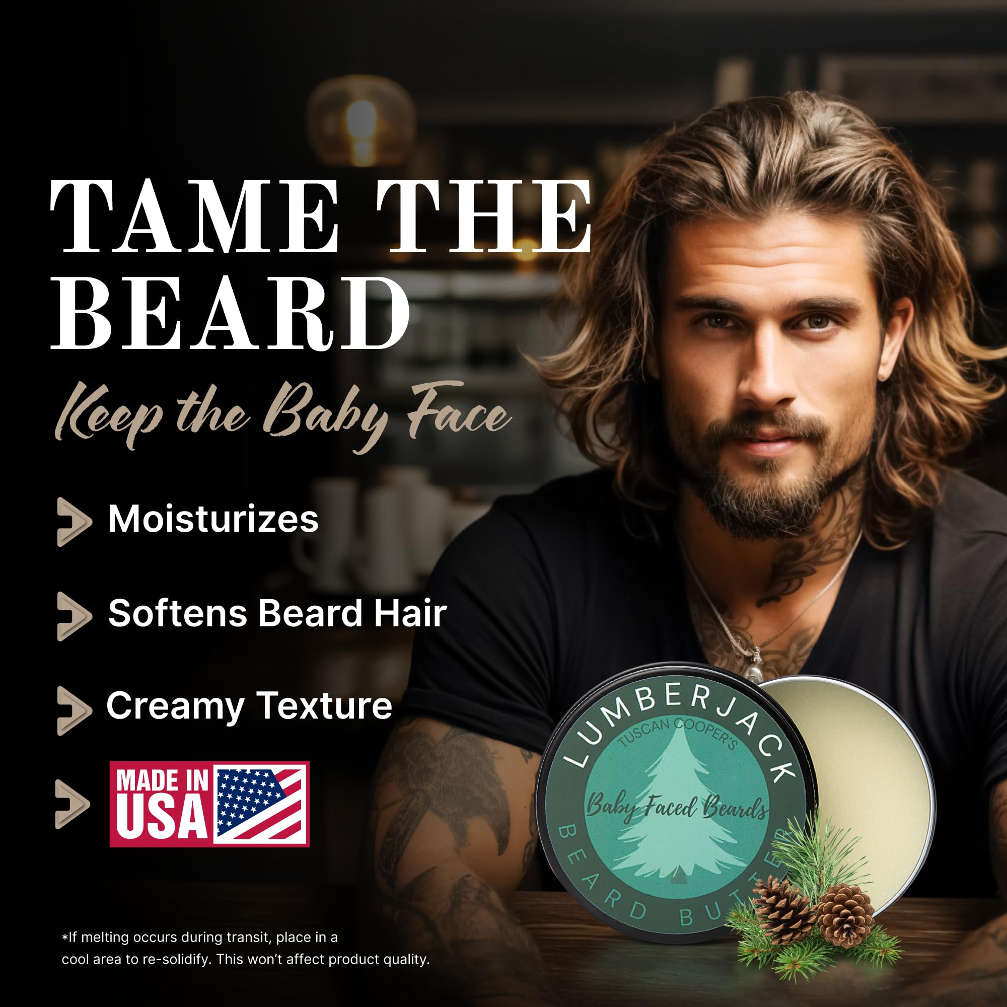 Tuscan Cooper's Baby Faced Beards Butter for Men - Moisturizing Beard Balm Cream and Softener for All Hair Types Including Coarse Hair - 4oz Hydration and Conditioning Care - Rawhide and Pear Scent
