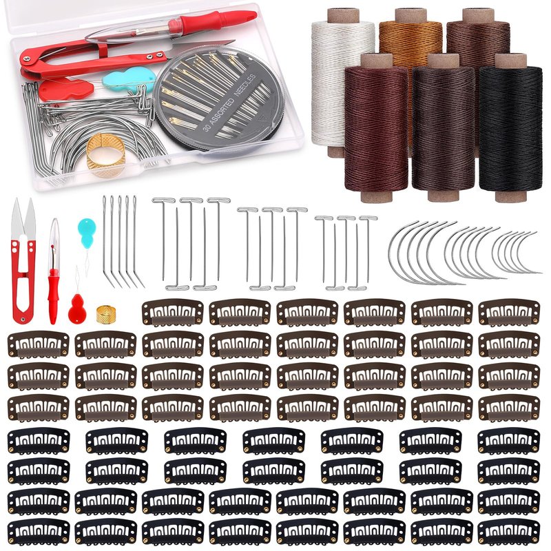 Yizzvb 60 Pcs 32mm Hair Extensions Clip, Hairpieces Snap Clips U Shape Wig Clips for Hair, 6 Rolls Hair Thread for Weave,Wig Thread Kit, Curved Needles for Wig Making Hair Extensions