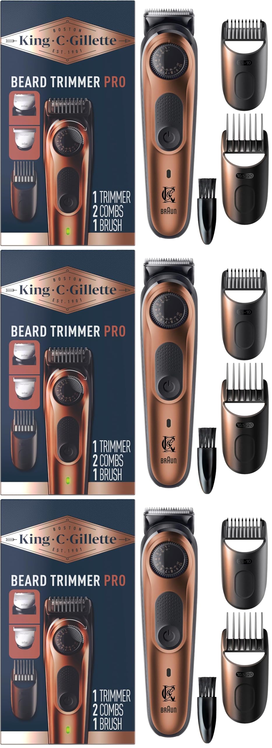 Gillette King C Beard Trimmer PRO with 40 Beard Length Settings in Precise 0.5mm Steps, Cordless Design & 1 Trimmer, 1 Brush, 2 Combs, 1 Charger and 1 T-Blade (Pack of 3)