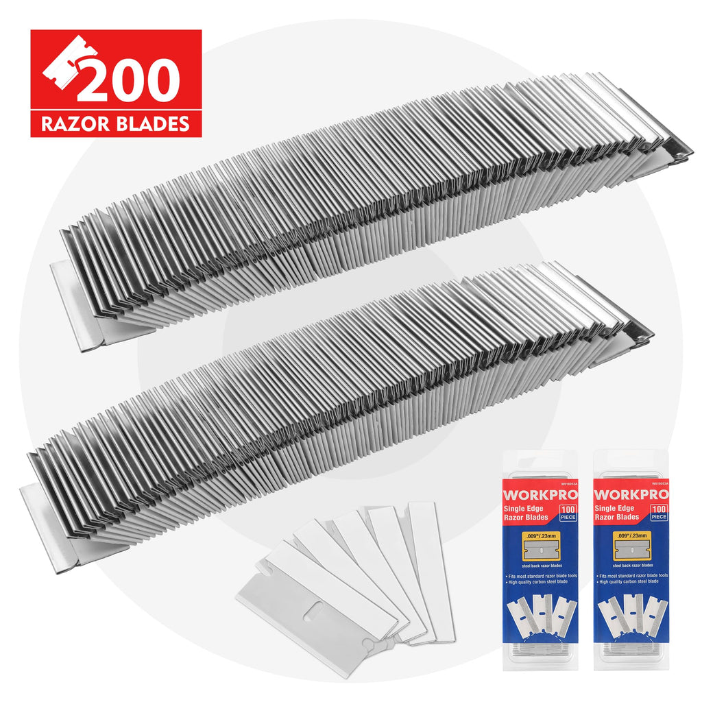 WORKPRO 200-Pack Single Razor Edge Blades, Industrial Scraper Razor Blades, High Carbon Steel One Edge Razor Blades