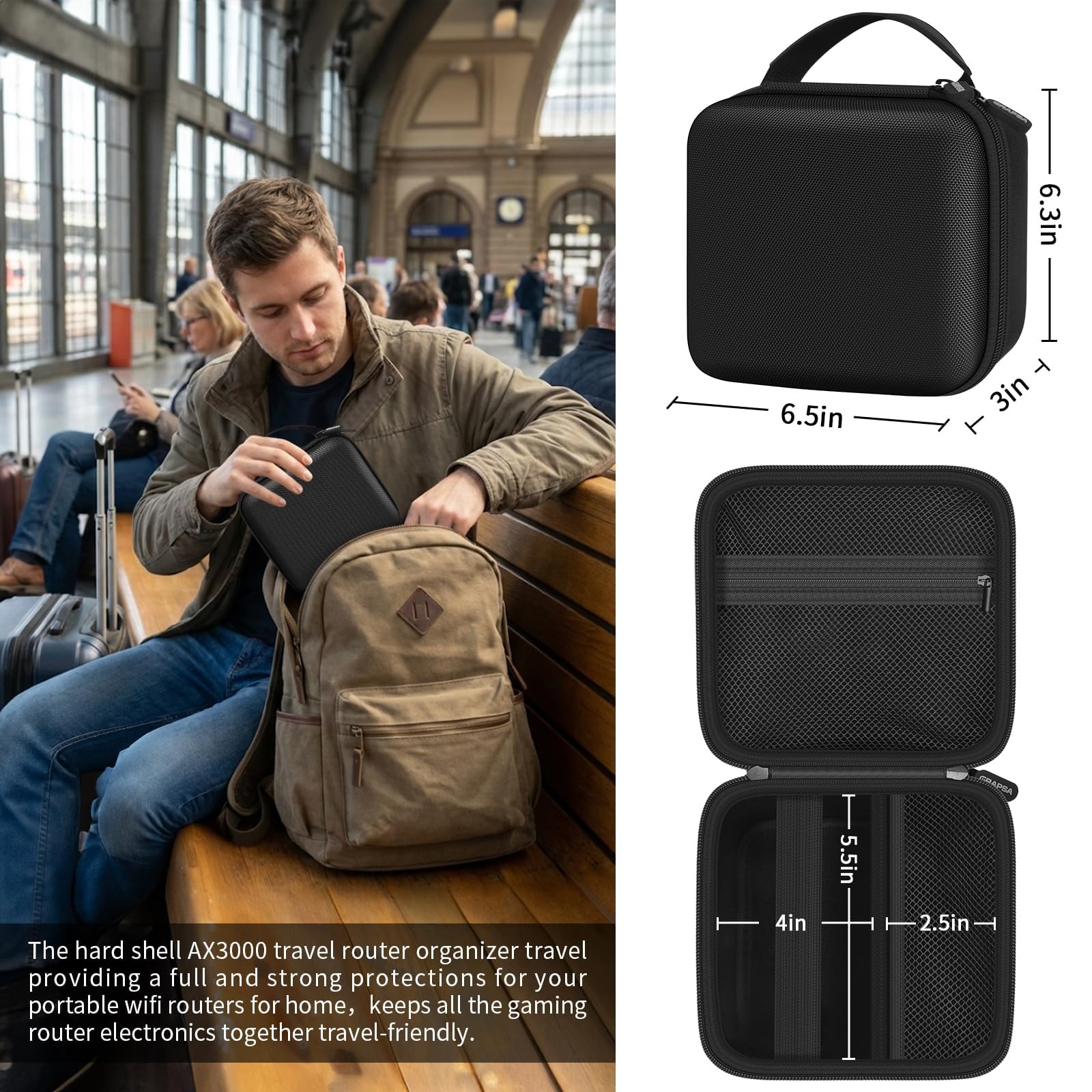 Portable Travel Router Case for TP-Link Roam 7 BE3600 / Roam 6 AX1500 AX3000, for GL-MT3000 / GL-BE3600 / GL-MT3600BE / GL-AXT1800, Hard EVA WiFi Hotspot Organizer for Cables, Box Only-Black