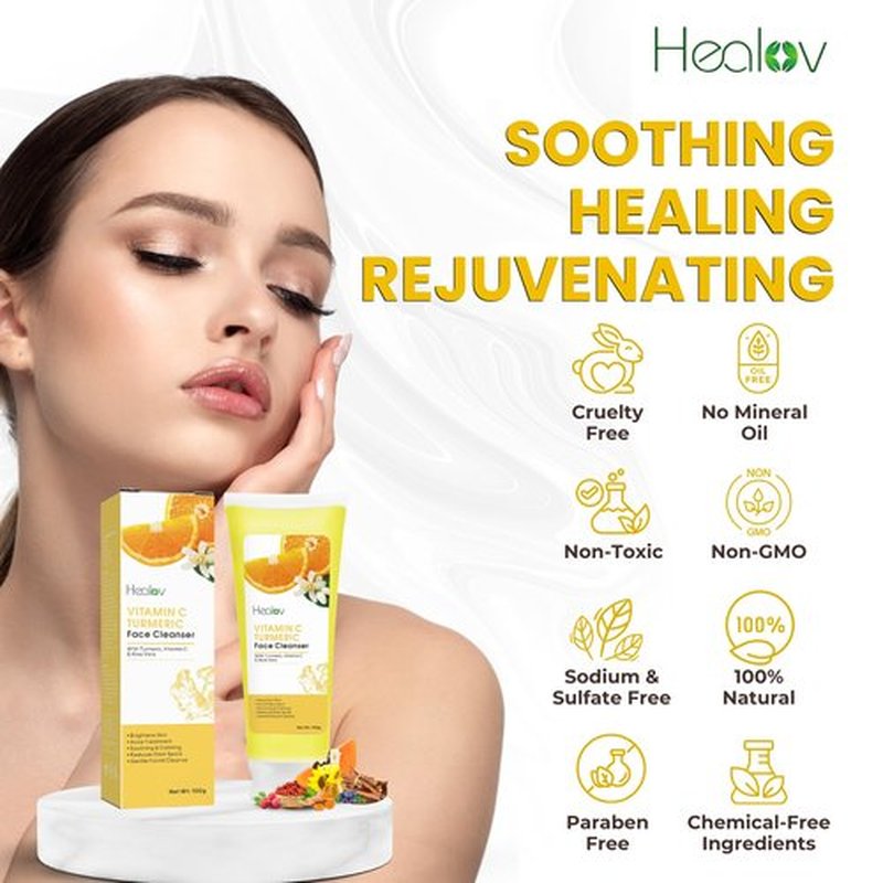 Healov Turmeric Face Wash – Skin Brightening Liquid Soap for Discoloration – Natural Anti Aging Exfoliating Facial Cleanser for Spots, Acne, Sun Damage – Turmeric Soap Skincare