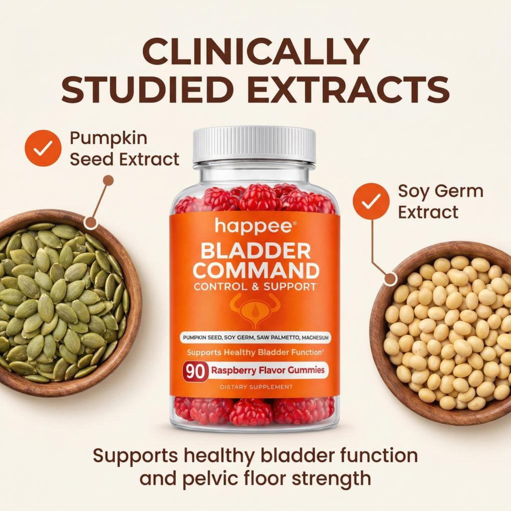 Happee Bladder Control Gummies Supplement for Women & Men – Day & Night Support - Raspberry Flavor – 90 Count