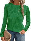 Am Direct Womens Tops Trendy Dressy Casual Long Sleeve Crewneck Basic T Shirts Solid Loose Textured Blouses Outfits Green S