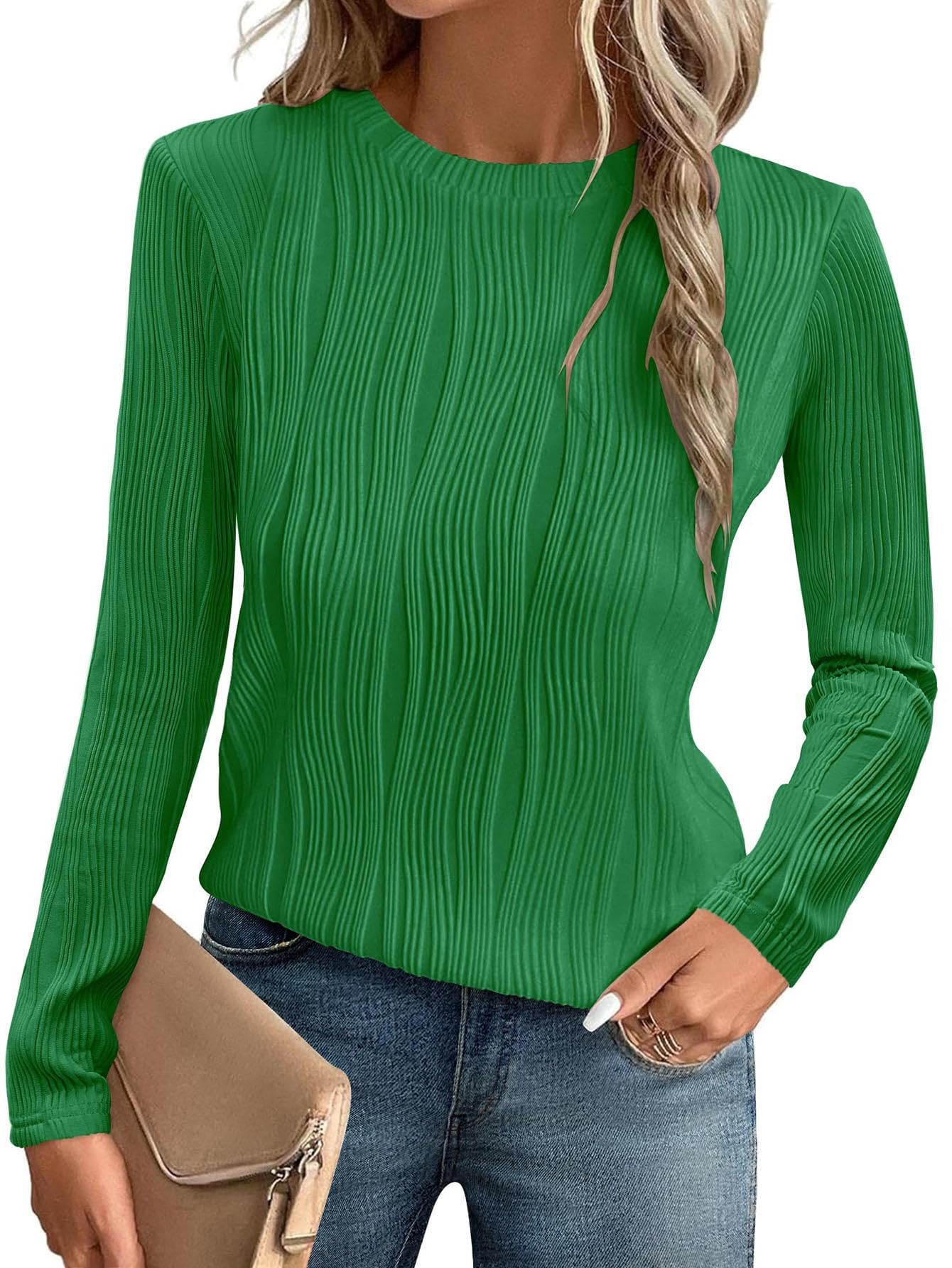 Am Direct Womens Tops Trendy Dressy Casual Long Sleeve Crewneck Basic T Shirts Solid Loose Textured Blouses Outfits Green S