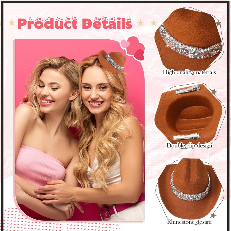 Zeyune 6 Inch Cowboy Hat Hair Clip with Rhinestones Cowgirl Mini Small Hat Clip for Disco Western Party Decoration(Coffee)
