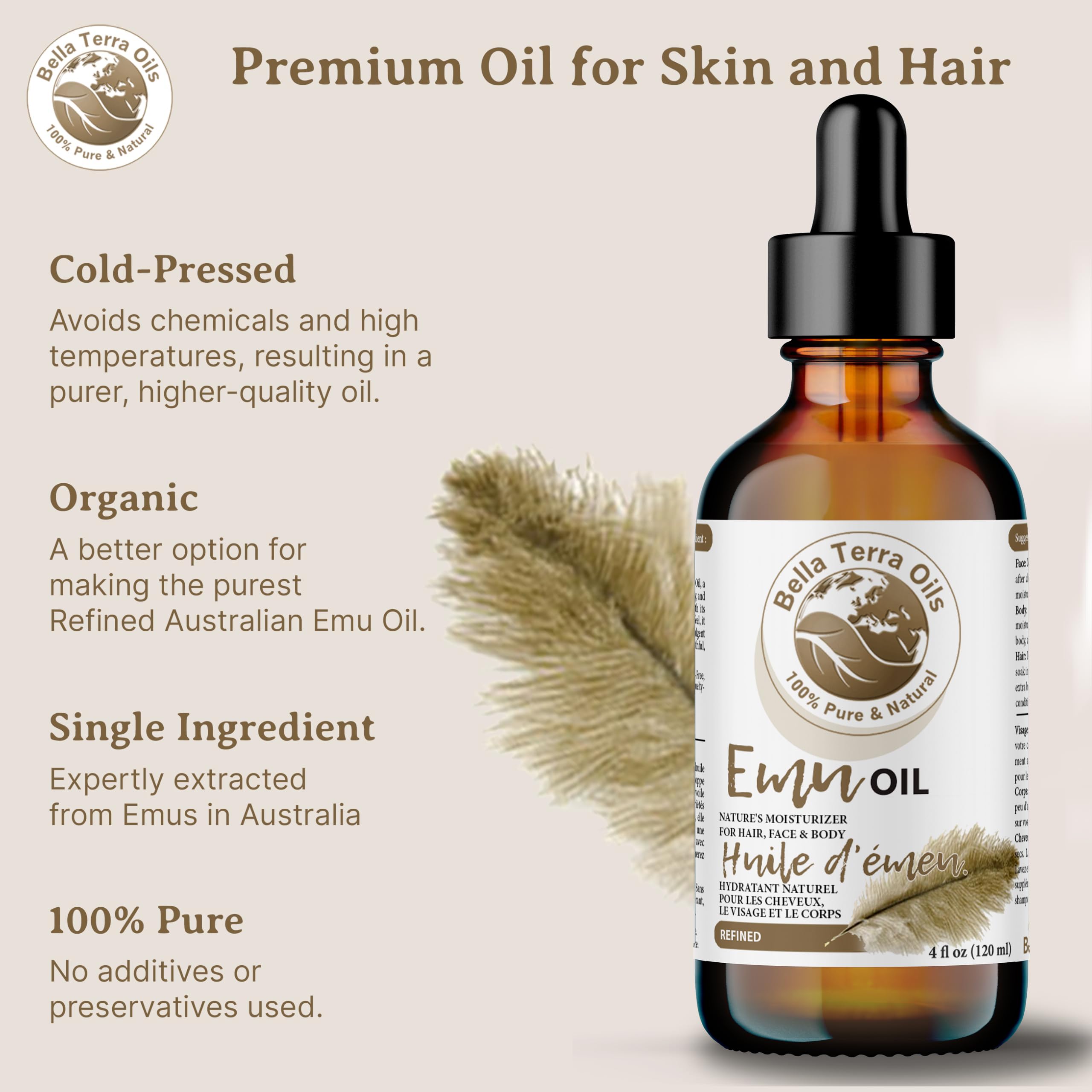 Bella Terra Oils - Emu Oil 8 oz - Celebrate the Australian Emu Heritage, Enveloped in Vitamin-rich Goodness, A Touch of Elegance for Skin