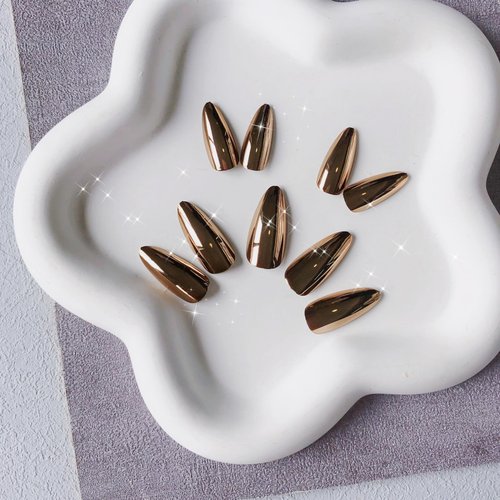Bronze Chrome Press on Nails Medium Almond, KQueenest Metallic Brown Acrylic Fake Nails Medium Stiletto, Glitter Glue on Nails for Women Fall Winter Wear, Glossy False Nails Press ons in 24 Pcs