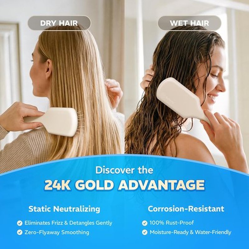 24K Gold Plated Gua Sha Hairbrush - Anti-Static Scalp Massager & Detangler for All Hair Types