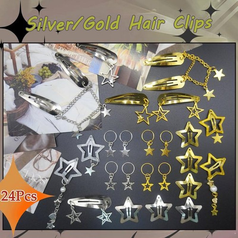 24PCS Gold Star Hair Clips Hair Cuffs Rings Silver Metal Star Barrettes 10 Shapes Pentagram Y2k Barrettes for Women 2000s Hair Accessories for Girls (Silver/Gold)