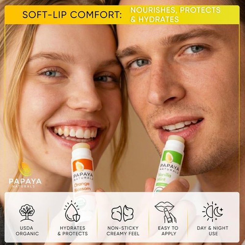 Papaya Naturals Organic Lip Balm Set - 6 Pack of Beeswax, Cocoa Butter & Vitamin E for Dry Lips | Moisturizing Fruit Flavors