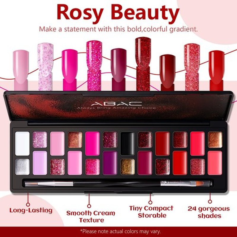 ABAC 24 Color Solid Gel Nail Polish,Ombre Gel Nail Polish,Pat Paint Nail Gel - Rose Gold Glitter & Wine Red Shades w/Pro Brush | No-Spill,Hema-Free for Date Nights,Holiday Gifts & Home Manicure