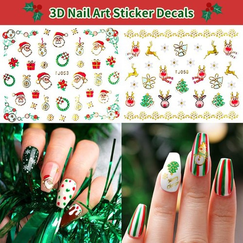 Pretty Diva Christmas Nail Stickers - 10 Packs 3D Metal Gold Xmas Design Self-Adhesive Nail Decals, Bronzing Snowflakes Snowmen Santa Xmas Tree Nail Art Stickers Tips DIY Decoration for Women Kids