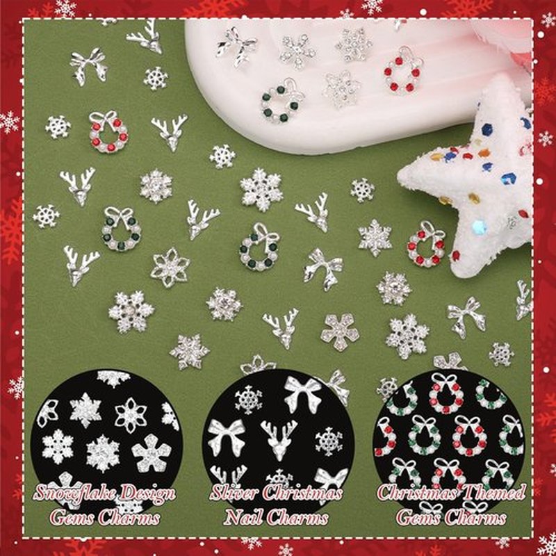 58 Pcs Christmas Nail Charms, Snowflake Bow Nail Charm, Wreath Elk Bow Silver Nail Charms, Xmas-Themed Alloy Silver Nails Art Charm for Christmas Nails DIY Design Craft