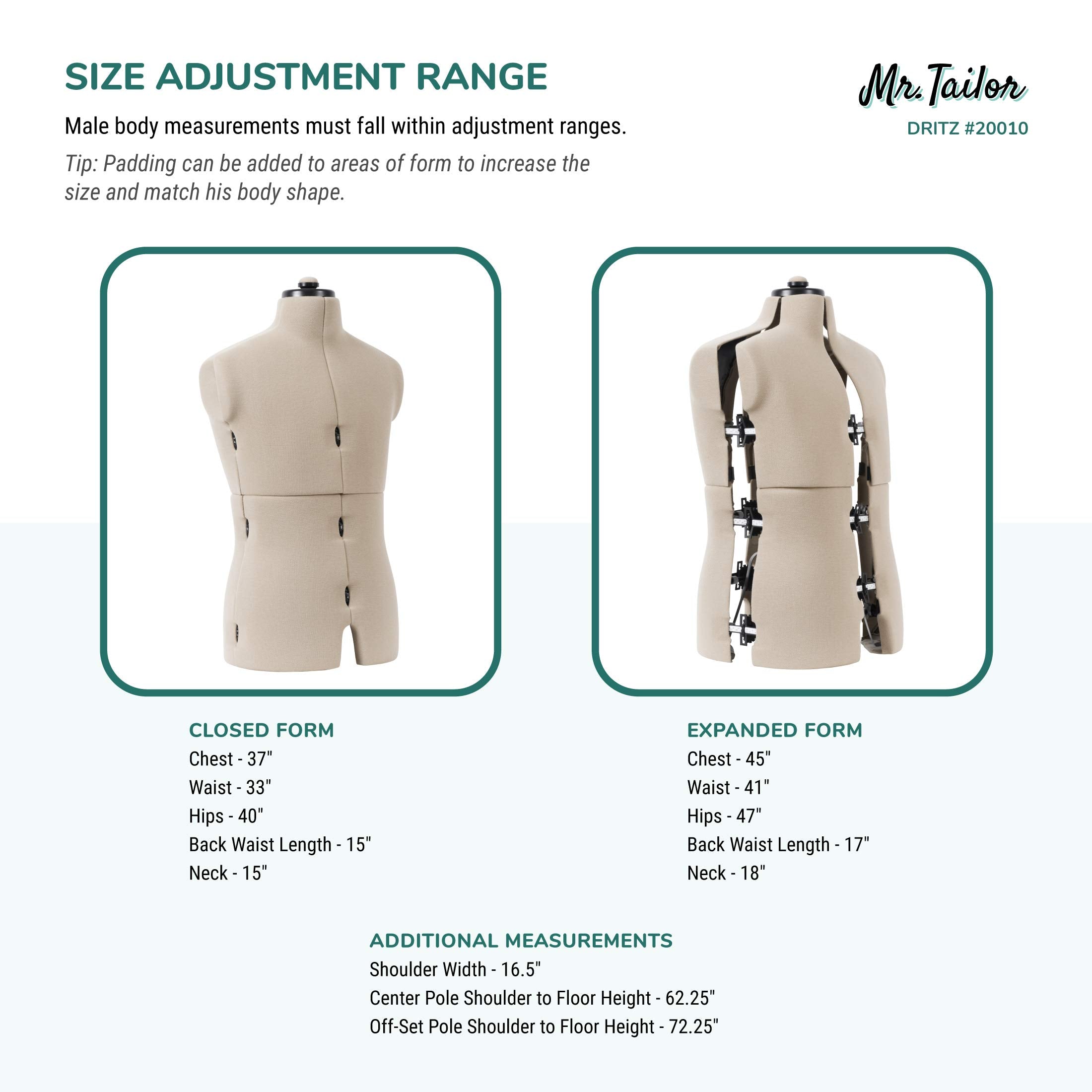 Dritz Mr. Tailor Adjustable Dress Form - Men Size US M-XL - Male Clothing Mannequin for Sewing, Fitting, and Draping - Pinnable Sewing Mannequin with 13 Dials for Fitting