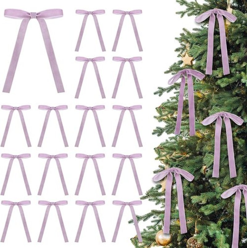 Skiennix 24 Pcs Velvet Bows - Vintage Ribbon Bows for Christmas Tree & Crafts | Light Purple (5 x 7 Inch)