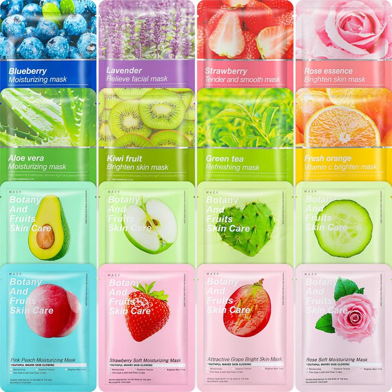 Viozakanry 16 Pcs Sheet Face Masks Skincare for Most Skin Types, Combo Essence Hydraiting Facial Mask Set for Women Skin Care, Gifts Set for Home Spa(Assorted Styles,16 Pcs)