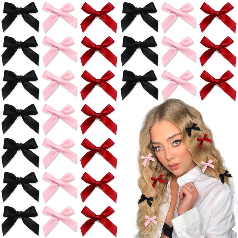 YAEISM 30PCS Small Hair Bows Black Mini Bow Hair Clips Satin Mini Pink Bows Coquette Barrettes Hair Accessories for Women Girls