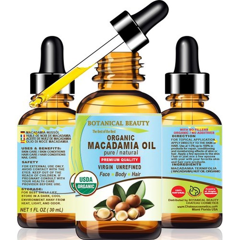 Botanical Beauty Organic MACADAMIA OIL 100% Pure Natural VIRGIN UNREFINED Cold-Pressed Carrier Oil for Face, Skin, Body, Hair, Lip, Nails. Rich in Vitamin E (1 Fl Oz)