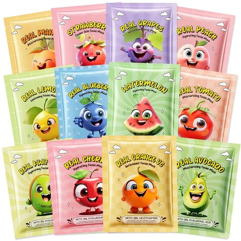Minfei 12 Pack Fruit Face Mask for Kids, Skin Care for Kids, Kids Face Mask, Moisturizing Face Masks SkinCare, Face Masks Bulk, Kids Face Masks Spa Party Favors for Teens Girls Women, Self Care Gifts