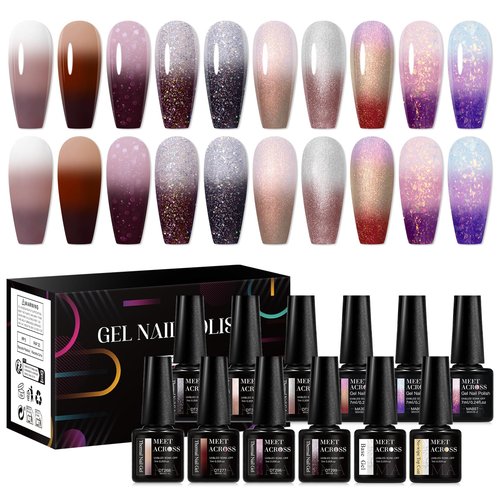 MEET ACROSS Color Changing Gel Nail Polish Set, 12 PCS Shimmer Glitter Mood Temperature Change Colors Kit, Black Brown Gray Purple UV Thermal Manicure Gel Gift