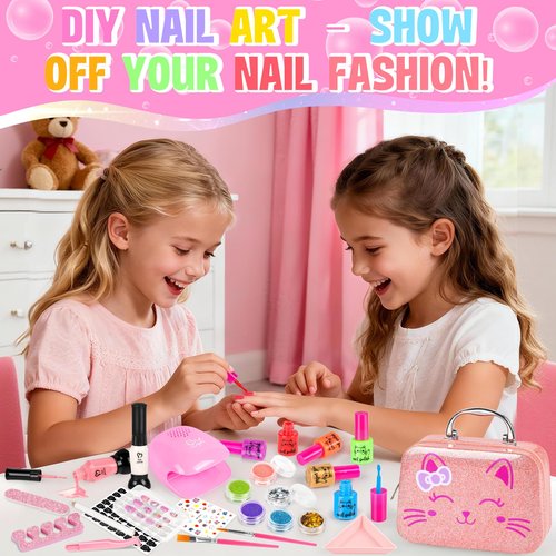 Kids Nail Polish Set for Girls, 27Pcs Nail Art Kit with Nail Dryer & Storage Case, Non-Toxic Peel-Off Water-Based Nail Polish, Christmas Birthday Gifts Toys for Toddlers Kids Girls Age 8 9 10+