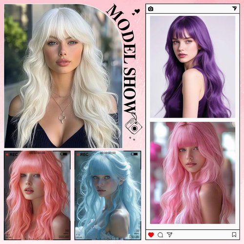NOSTALGIA Purple Wig with Bangs Long Purple Wavy Wigs for Women 26 Inch Dark Purple Wigs Natural Looking Heat Resistant Synthetic Wig for Daily Party Use