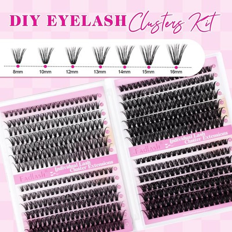 FADLASH Lash Clusters Kit 560Pcs Eyelash Clusters Kit 8-16mm Individual D Curl Cluster Eyelash Extensions with Lash Bond and Seal Lash Tweezers (30D+40D+50D+60D Kit 8-16mm)